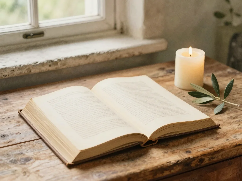 Условная иллюстрация книги, свечи и оливковой ветви.